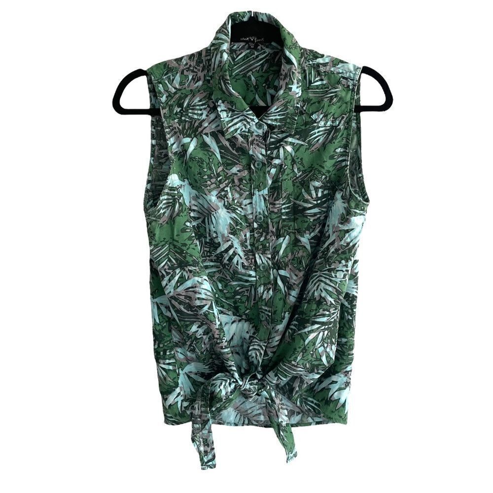 VELVET HEART Sleeveless Tie Front Blouse Tropical Print Green M